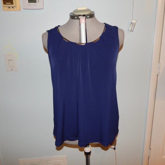 Corvia Plus Size XL Navy Blue Gold Blouse Shirt Tank Top Pleated - Picture 1 of 10